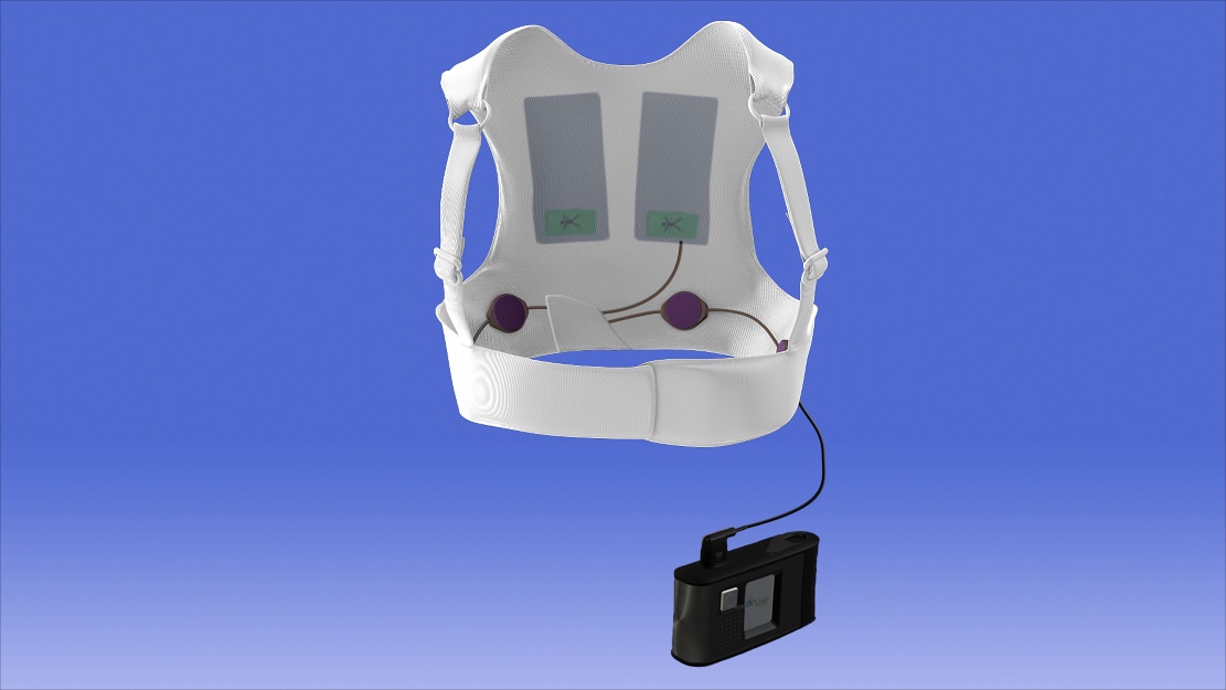 Illustration of the ZOLL LifeVest, a wearable defibrillator for patients at risk of sudden cardiac death